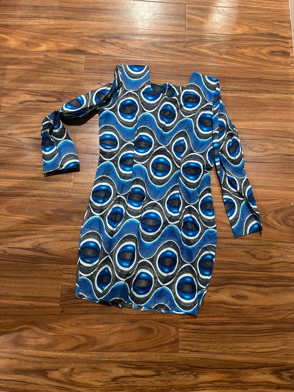 Custom African Ankara Blue Geometric Print Long Sleeve Dress - Picture 2 of 4